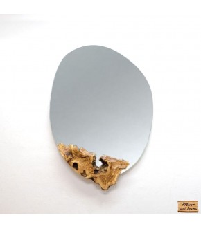 Specchio tondo irregolare con base in radica d'ulivo