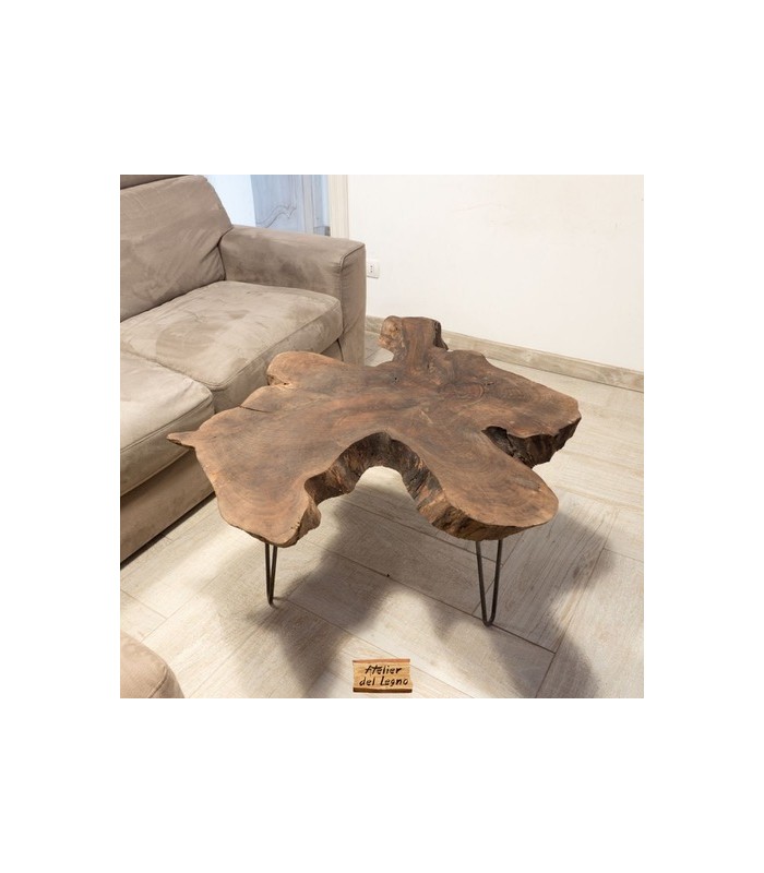 Tavolino da caffè in legno di ulivo secolare e resina blu